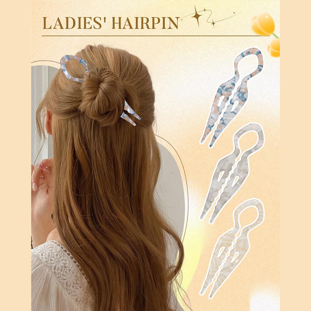 3 Pack French Hair Pins Acrylic Hair Forks for Effortless Bun Updo Chignons & French Twists, Serrated Anti-Slip Design Curved Angle Chopsticks Styling Hair Accessories for Women
