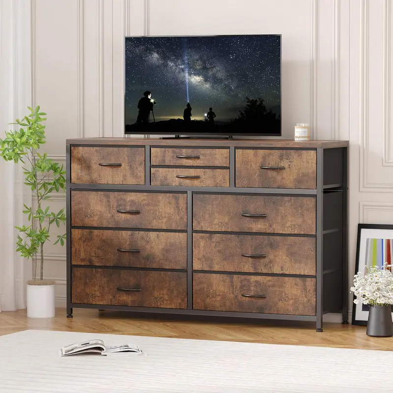 10-Drawer Living Room Dresser - Single Unit TV Stand Entertainment Center with Fabric Storage Chest, Steel Frame, Wood Top, 2 Small Deep Drawers, Modern Tabby Credenza for Bedroom