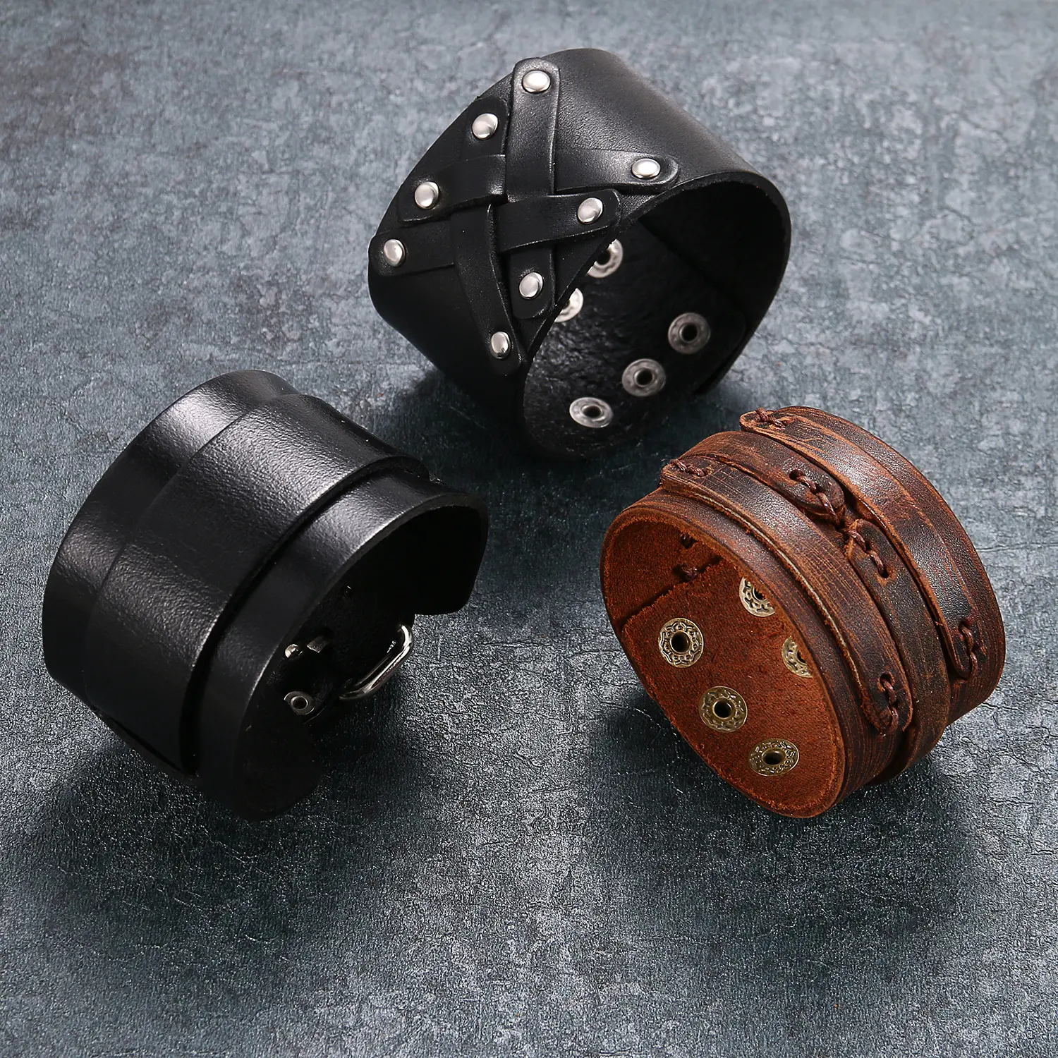 OIDEA Men's Genuine Leather Cuff Bracelet, Rugged Double Layer Bangle with Adjustable Snap Buckle, 17.5-21cm Fit, Handsome Gift, Birthday, Casual, Wide Bracelets & Bangles, Male, Casual Wear, Adjustable Length, Male Size, Craftsmanship, Snap Buckle Closur