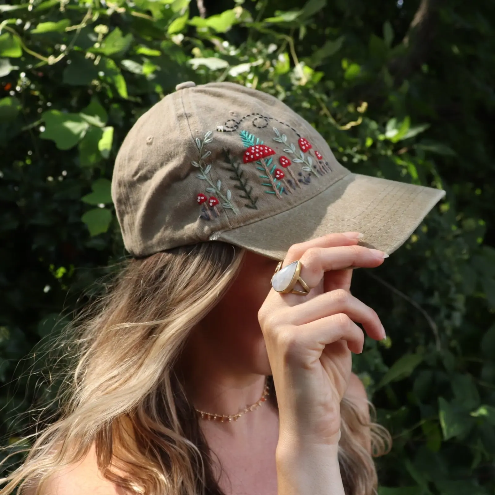 Mushroom Forest & Bee Embroidered Adjustable Baseball Cap