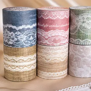 6 Rolls Textured Lace Background Tape DIY Scrapbook Material, Circular Stickers Calendar Notebook Diary Card Making Supplies