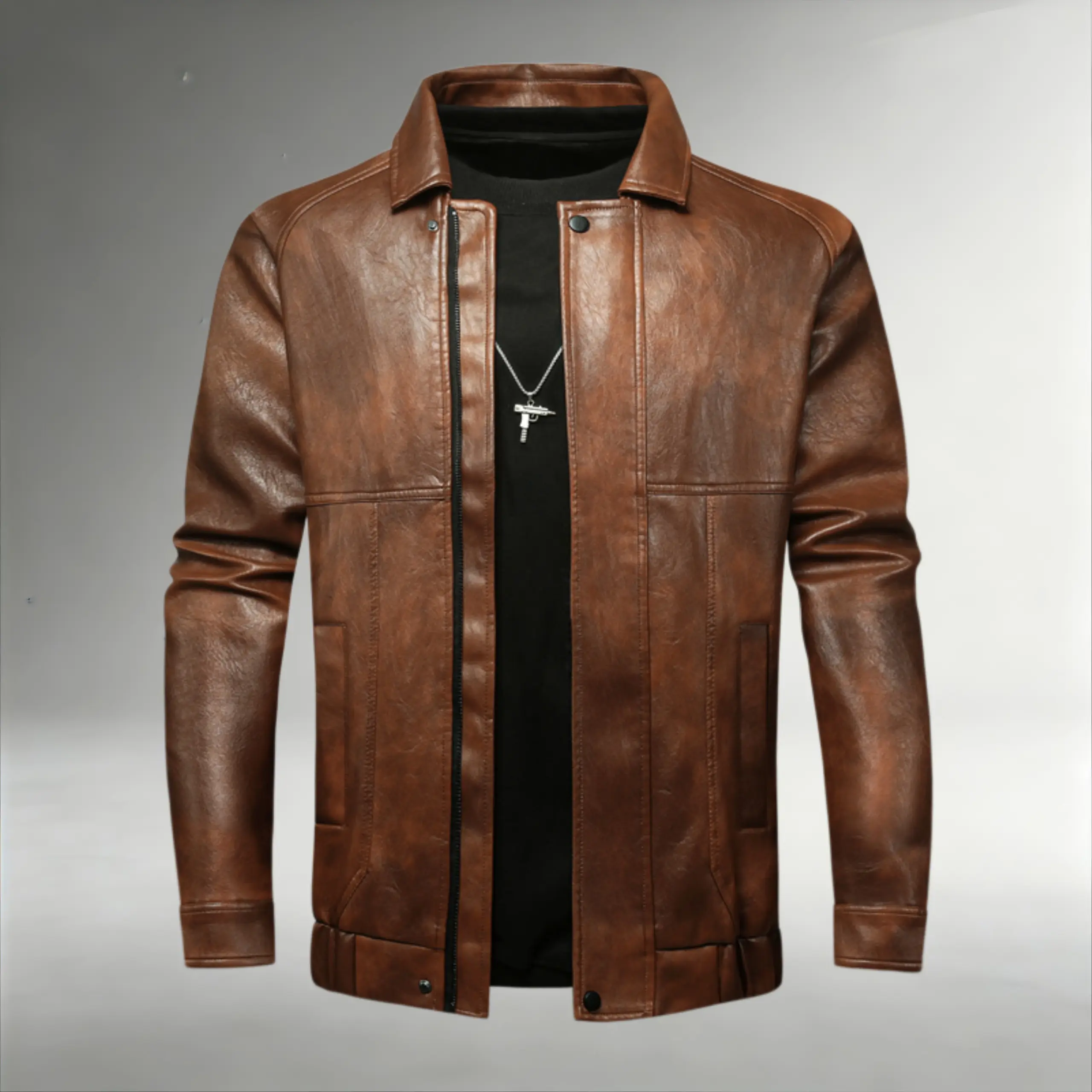 Men’s brown PU leather jacket with a turn-down collar, American motorcycle style, cropped fit, double front zipper closure with snap buttons, side pockets; suitable for autumn/winter commuting and casual wear as a single piece. sohochic