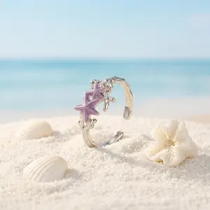 Romantic Starfish Enamel Ring Adjustable Silver Plated Open Band Jewelry Gift For Women Daily Wear Functional Jewelry
