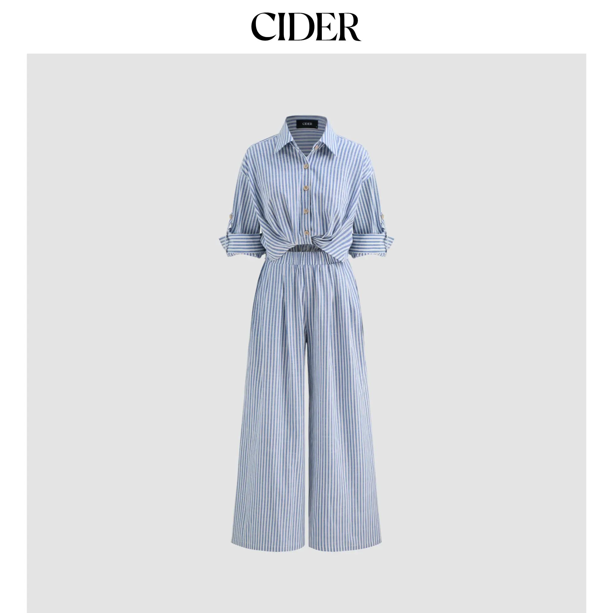 Cider [6 colors, size 0-26] Cotton-blend Collar Solid Striped Knotted Roll-up Sleeve Jumpsuit