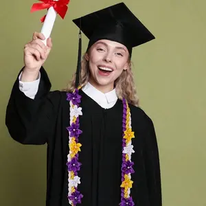 2 Tier Graduation Lei Flower Necklace Set, Hawaiian Style Honor  With Ribbon Garland, Unisex Handmade Colorful Cord, Ceremony Gift For Grad,Graduation Season