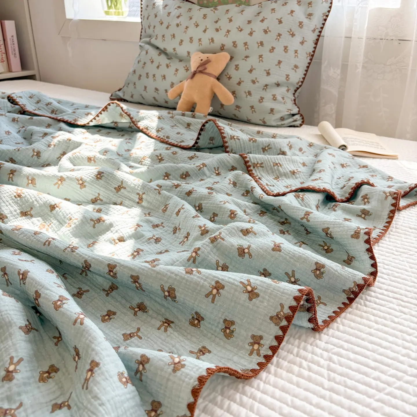 1pc Four-Layer Ultra-Soft Crepe Coverlet, Breathable Cotton Linen Nap Blanket, Lightweight Summer Air Conditioning Quilt, Portable and Lightweight Bed Coverlet, Coverlet Bedding