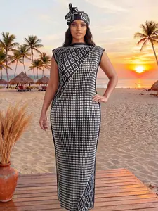 Women's Boho Style Houndstooth Print Long Robe Set, Slim-Fitting Lightweight Summer Spring, Beach Sun Protection Satin Scarf, Beach Cover Ups