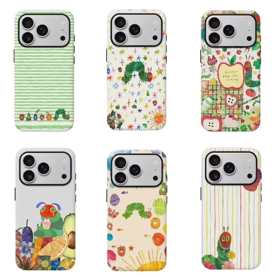 Cute Garden Caterpillar Storybook Tough Phone Case - Aesthetic Watercolor Fruit & Bug Protective Cover Pack for iPhone 17 16 15 14 13 12 11 Pro Max