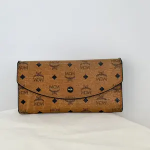 Pre-owned MCM Visetos Cognac Logo Envelope Long Snap Wallet Preowned Designer Leather Card Purse