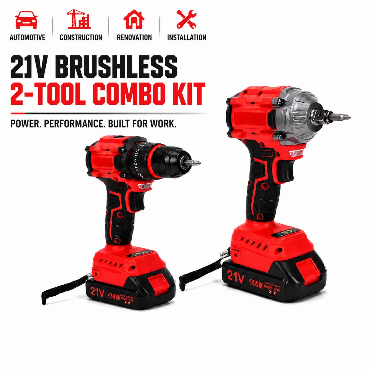21V Brushless Impact Driver & Drill Combo Kit, 350Nm High Torque Cordless Power Tools Set with 2 Batteries, 2400RPM Drill, LED Worklight, 110V US Charger for DIY, Auto Repair, 21V Combo Kit