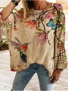 Women's Butterfly Floral Print Long Sleeve Knit Top, Casual Elegant Vacation Style Sweater, Loose Batwing Shoulders, Spring Summer Fall
