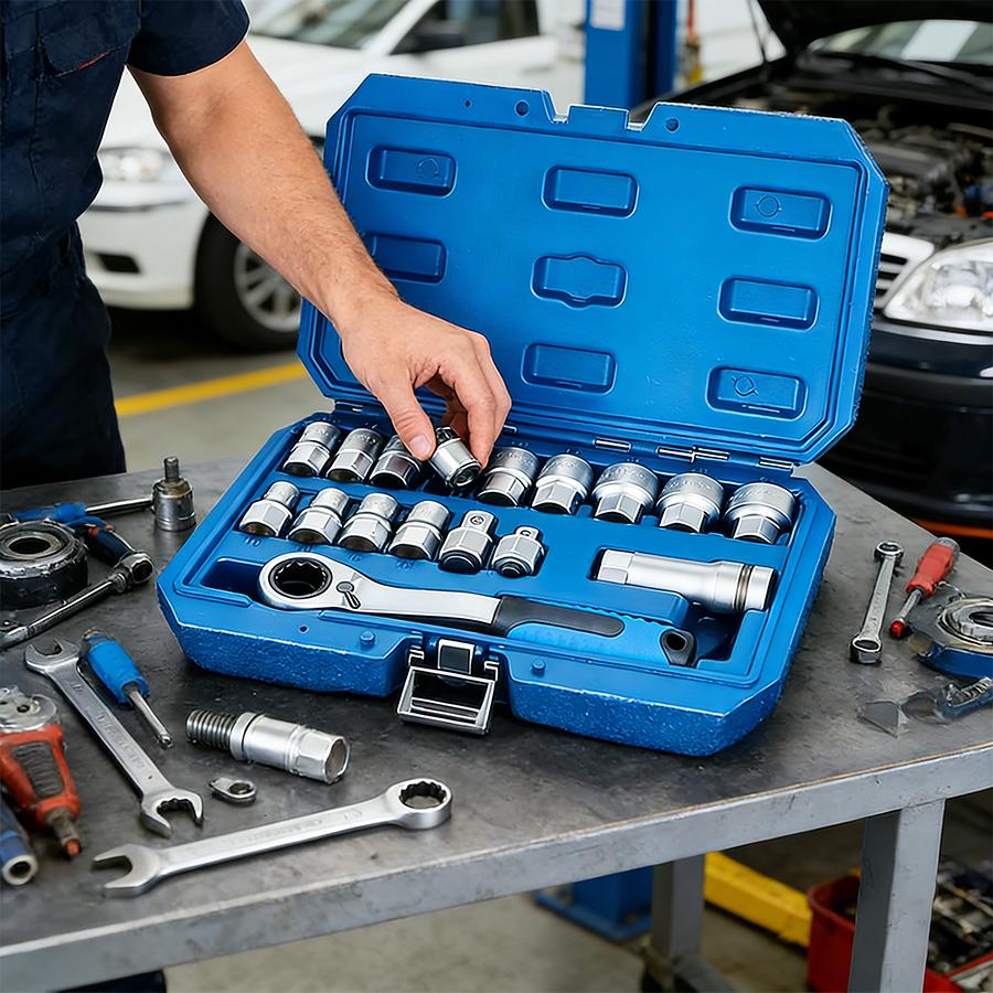 17-Piece Pass-Through Socket Set, 10-24mm Metric, with 3/8" & 1/2" Square Drive Adapters, Low Profile Hollow Ratchet for Long Studs, CR-V Steel Automotive & Mechanical Repair Kit with Case 17-Piece Pass-Through Socket Set, 10-24mm Metric, with 3/8" & 1/2" Square Drive Adapters, Low Profile Hollow Ratchet for Long Studs, CR-V Steel Automotive & Mechanical Repair Kit with Case