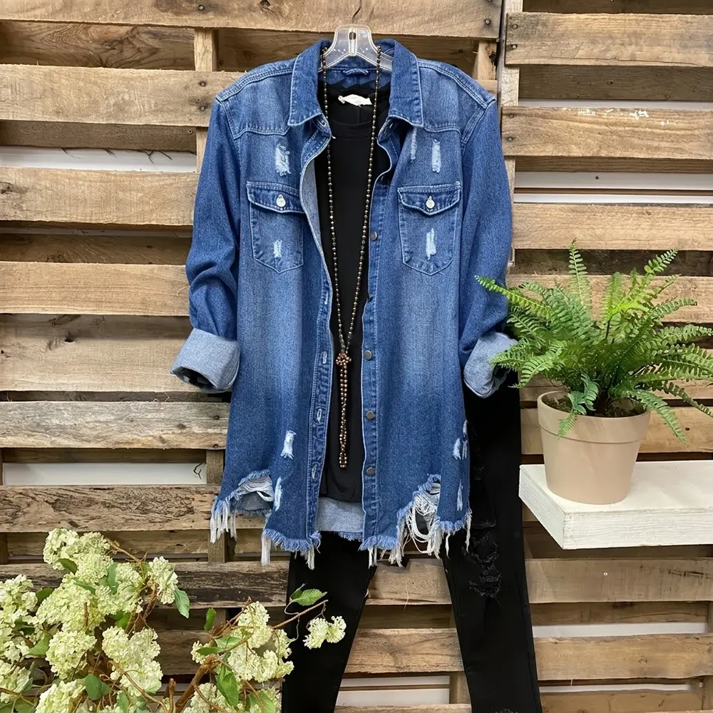 Women's Plus Size Shredded Distressed Denim Shirt Jacket - Zzytopsian Relaxed Fit Ripped Shacket, Fringed Hem Long Sleeve Jean Top