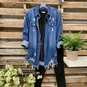 Women's Plus Size Shredded Distressed Denim Shirt Jacket - Zzytopsian Relaxed Fit Ripped Shacket, Fringed Hem Long Sleeve Jean Top