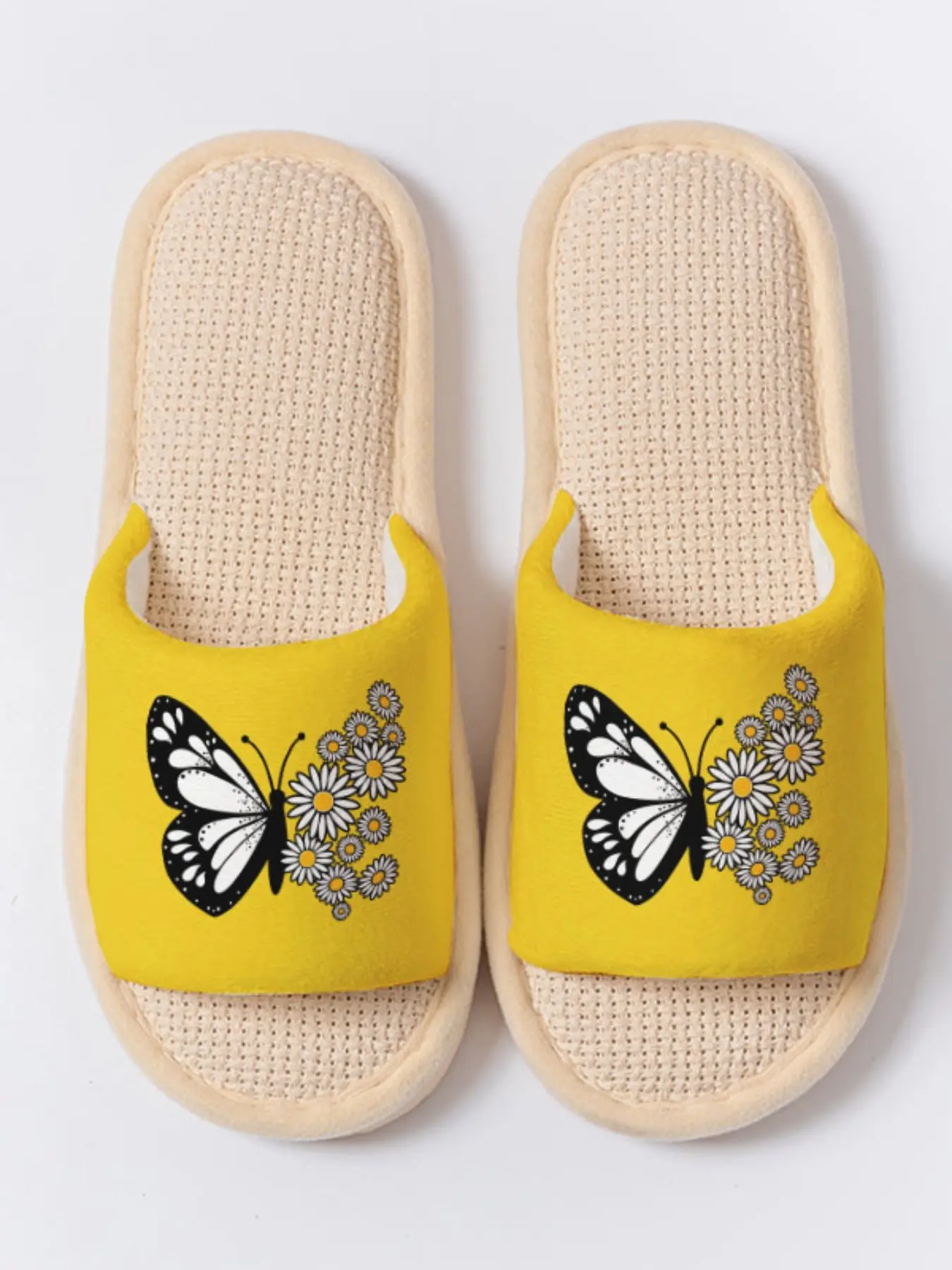 Butterfly & Daisy Print Linen Slippers, Fresh Cheerful Cozy Breathable Lightweight Non-slip All Season Home Shoes for Women Men Family Guest Daily Wear