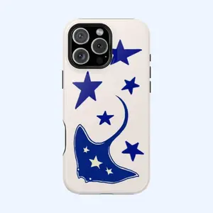 Navy Blue Star Stingray Y2K Design Smartphone Case - Cute Fish Sea Ocean Celestial Theme, Cellphone Handheld Accessories Shell for iPhone 17, 16, 15, 14, 13, 12, 11 Pro Max Plus