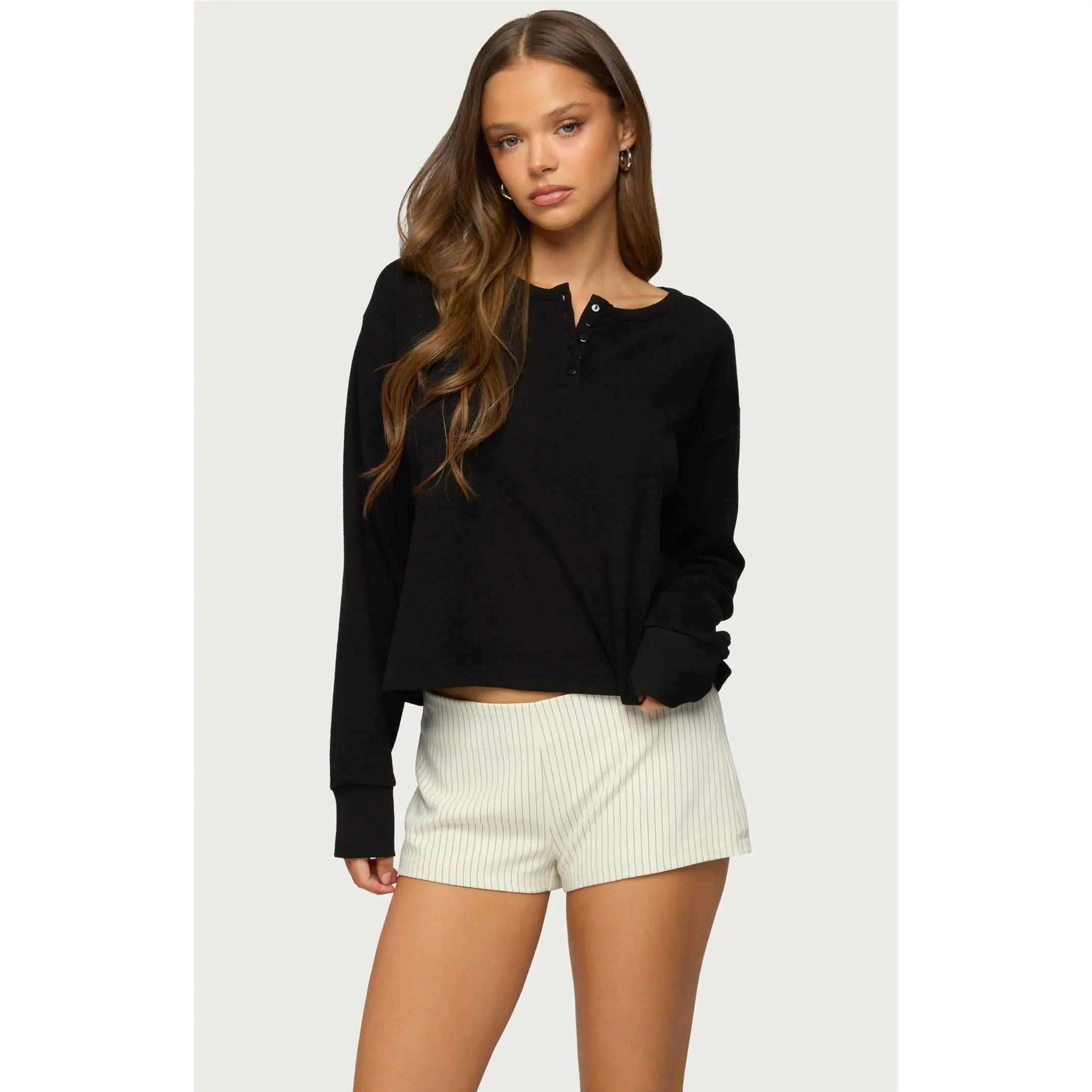 Edikted Women's Deni Long Sleeve Henley Waffle Top