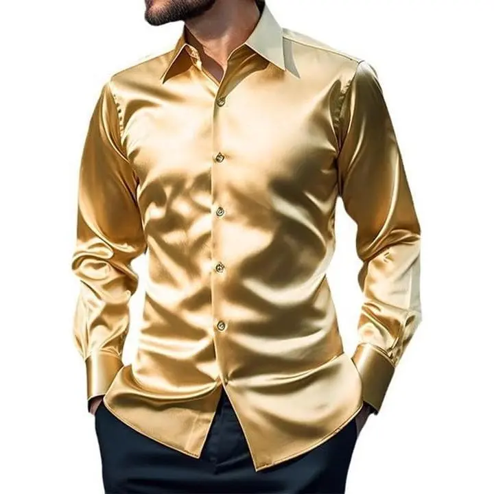 Men's Luxury Shiny Silk Like Satin Button Up Dress Shirts Slim Fit Long Sleeve Nightclub Party Disco Prom Shirts