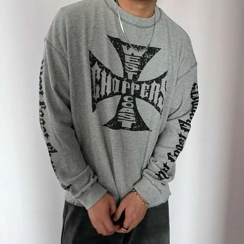 Men's Long-Sleeve Waffle-Knit T-Shirt - Streetwear, Loose-Fit, Casual Vintage Washed Menswear Top