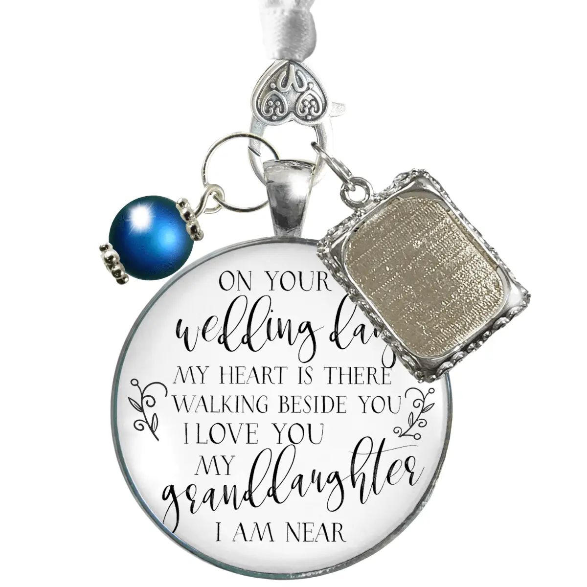 On Your Wedding Day MY Heart Is There Granddaughter Memorial Bouquet Charm Silver White Blue Pearl