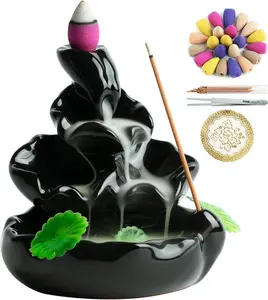 Cute Ceramic Backflow Incense Holder Waterfall Incense Burner with 48 Incense Cones and 30 Incense Stick, Incense Fountain for Home Decor, Desk Decor (Black)