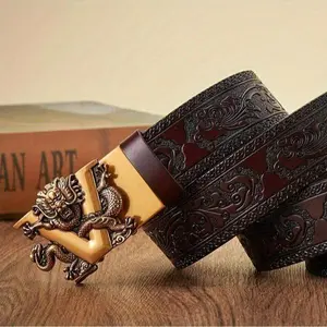 Vintage Dragon Embossed Leather Belt Vintage Dragon Automatic Buckle Belt Personalized Jeans Belt Ratchet Belt Men Design Brown