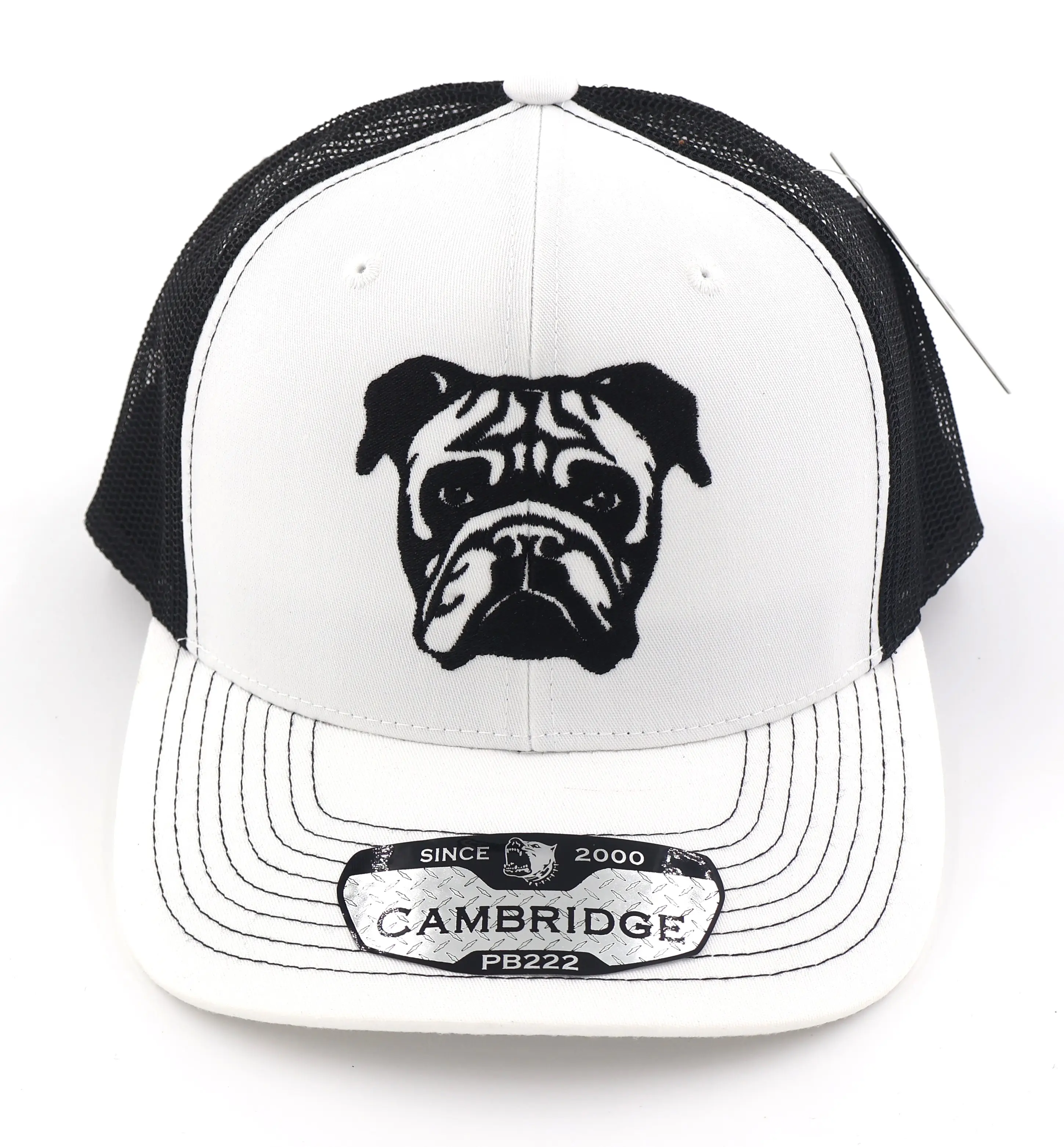 Bulldog Embroidered Hat, White with Black Mesh Brim, Since 2000, Casual Style Snapback