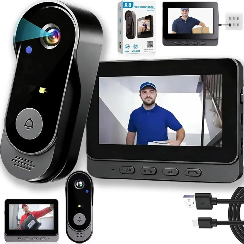 Wireless Video Doorbell with 4.3 Inch Color Screen, 2.4g Connection, Night Vision, Waterproof Ip66, Long Battery Life, No APP Needed, Wireless Smart Doorbell