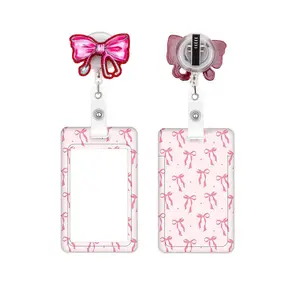 Cute Bow Pattern ID Badge Holder Set, 1 Count Retractable Badge Reel with Card Protector, Identification Badges & Supplies for Office Worker