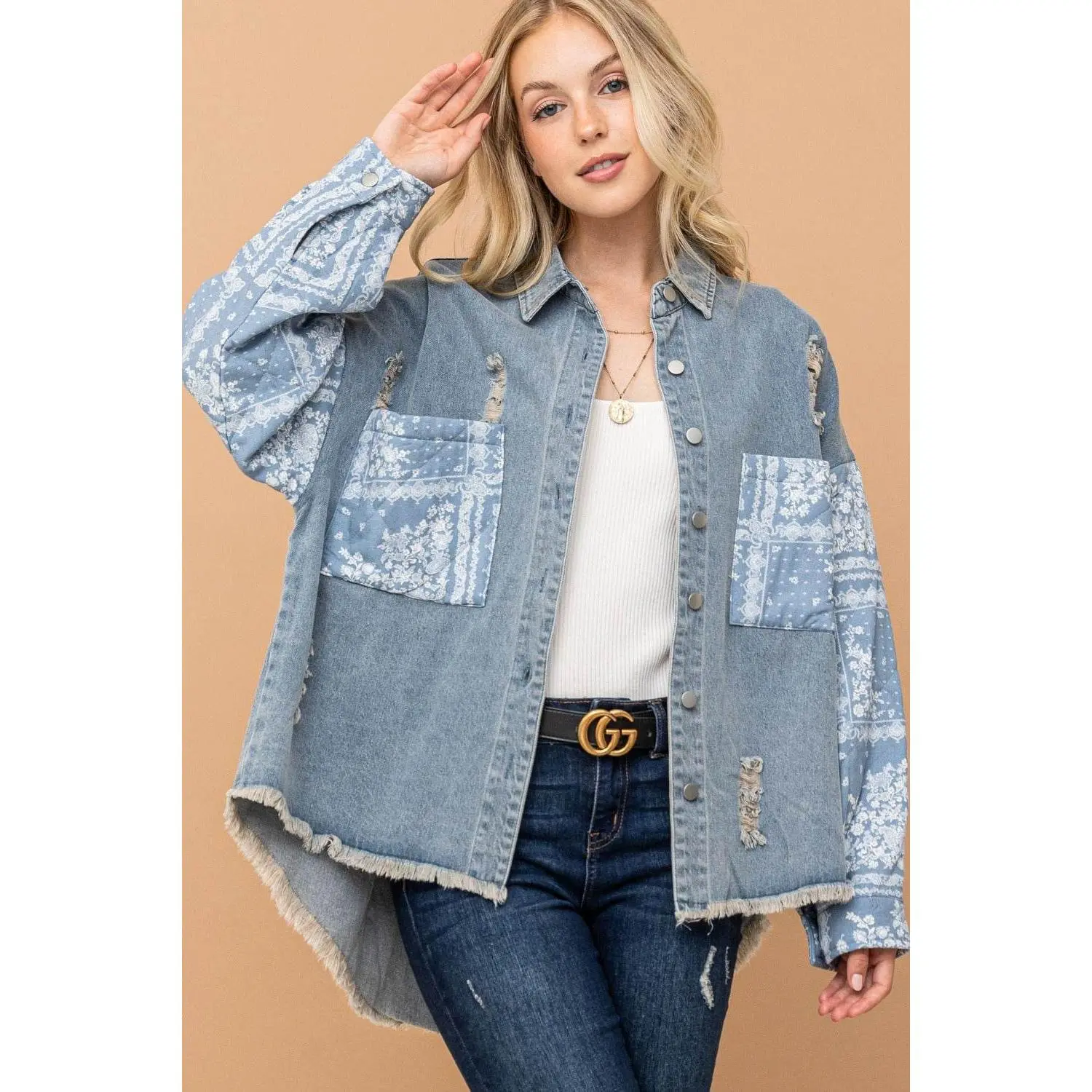 And The Why Full Size Paisley Print Quilted Sleeves Denim Jacket