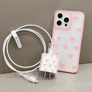 Elegant 5-Piece Bow Print Smartphone Casing Accessories Set, Includes Case & Charging Protection, Durable Fashion Daily Use, Compatible iPhone Models