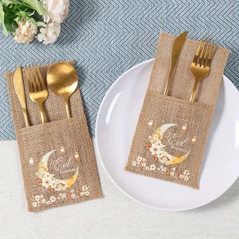 5pcs Eid Linen Moon Lantern Flowers Knife Fork Bags, Ramadan Kareem Burlap Bag, Eid Mubarak Decoration for Home, Islamic Muslim Party Supplies Tableware Bags, Ramadan Mubarak for Home Knife And Fork Packaging Bag