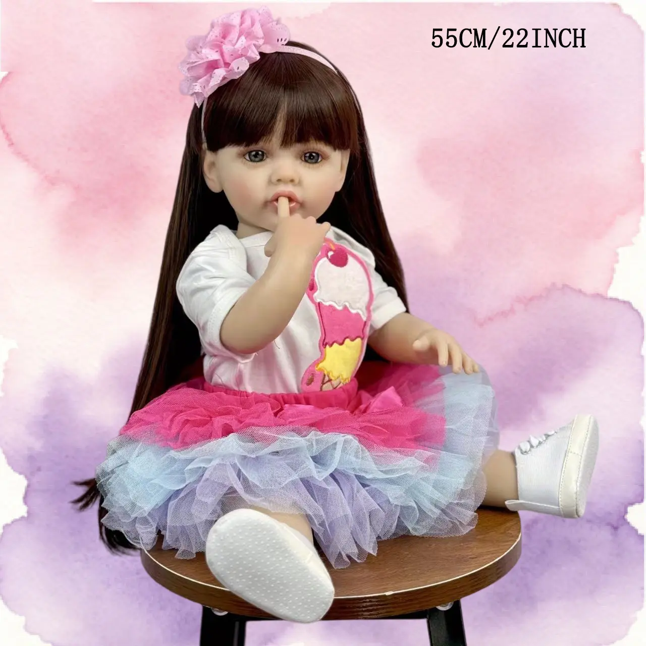 55cm (22in) Lifelike Reborn Baby Doll, Soft Vinyl Princess Toddler with Ice Cream Tutu Dress & Pink Flower Headband, Art Toy for Girls’ Birthday Gifts, Cute Collectible Doll, Cute Doll Collectible, Dolls Gifts