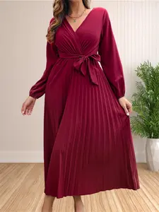 Women's Plain Belted Pleated Wrap Bishop Sleeve Dress, Long Sleeve Dresses, Elegant V Neck Long Sleeve A Line Dress for Fall & Winter, Women's Clothing for Daily Wear