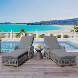 2 Pieces Long Reclining Chaise, Reclining Patio Lounge Chair with Armrests, Patio Adjustable Recliner with Soft Removable Cushions, All Weather Rattan Pool Lounge for Garden Backyard Porch, Gray