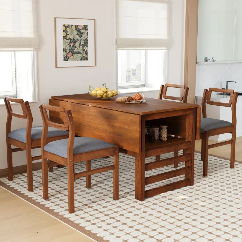 Brown Rubberwood 5-Piece Rustic Wood Dining Table Set for 4, 47.2in Extendable Square Kitchen Table with 2x11.8in Drop Leaves, Wide Legs, Sturdy Compact Storage Shelf & Adjustable Ergonomic Upholstered Chairs, 17.7x19.7x30.5in & 19.7in Dimensions