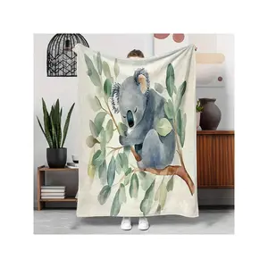 1pc Watercolor Style Koala & Eucalyptus Throw Blanket - Lightweight, Soft Flannel, Green With  Nature Design, Sofa, Bed, Office, Gym, Camping & Travel, All-Season Comfort, Office Comfort |   Tranquil Design |   Flannel, Blanket
