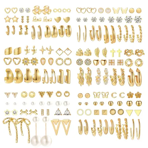 A Set of 82 Pairs Gold Trendy Earrings for Women,Pearl Bow Small Hoop Stud Earrings Pack,Multiple Piercing Earring Set for Ear Crystals Diy Jewelry Making,Birthday Party Father's Day Gift