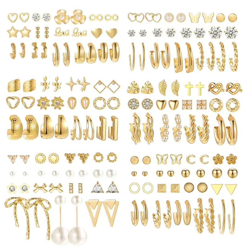 A Set of 82 Pairs Gold Trendy Earrings for Women,Pearl Bow Small Hoop Stud Earrings Pack,Multiple Piercing Earring Set for Ear Crystals Diy Jewelry Making,Birthday Party Father's Day Gift