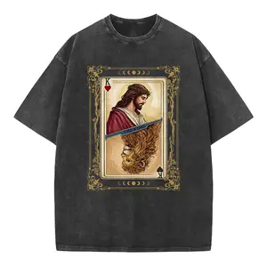 Vintage Washed "The King Jesus Lion Tarot Card" Graphic Tee - Faith-Based Streetwear Black Washed "The King" Jesus & Lion Cotton T-Shirt - Religious Casual Top