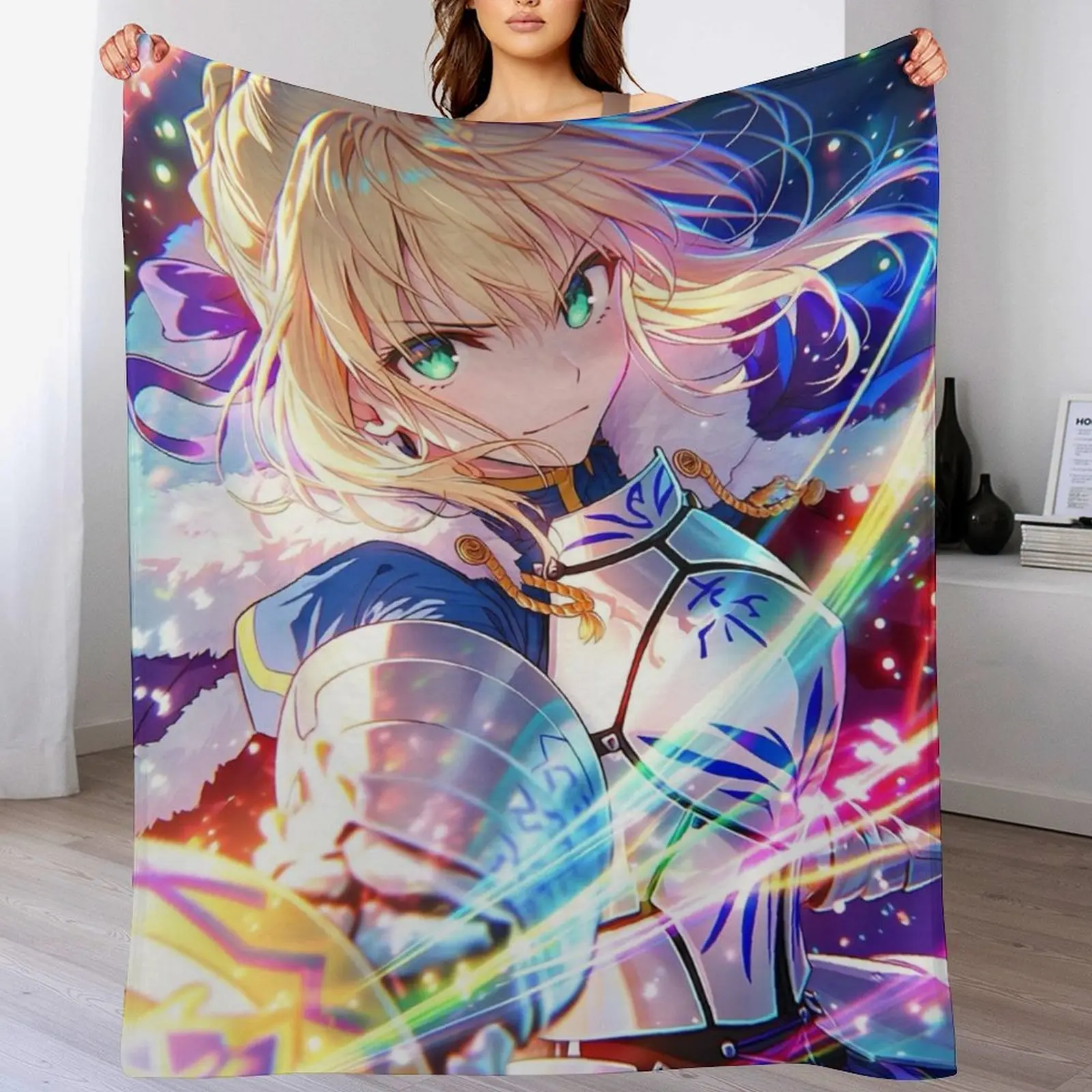 Fate Saber Artoria Pendragon Throw Blanket Anime Flannel Blanket Soft Cozy Blanket for Bedroom Couch Sofa All Season Decorative Blanket for Fans