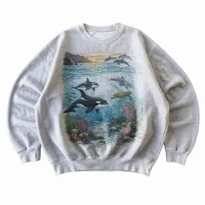 Orcas Sunset Sea Scene Vintage 90s Sweatshirt, Retro Ocean Dolpin Sweater, Cute Sea Turtle Sweater, Marine Life Graphic Crewneck