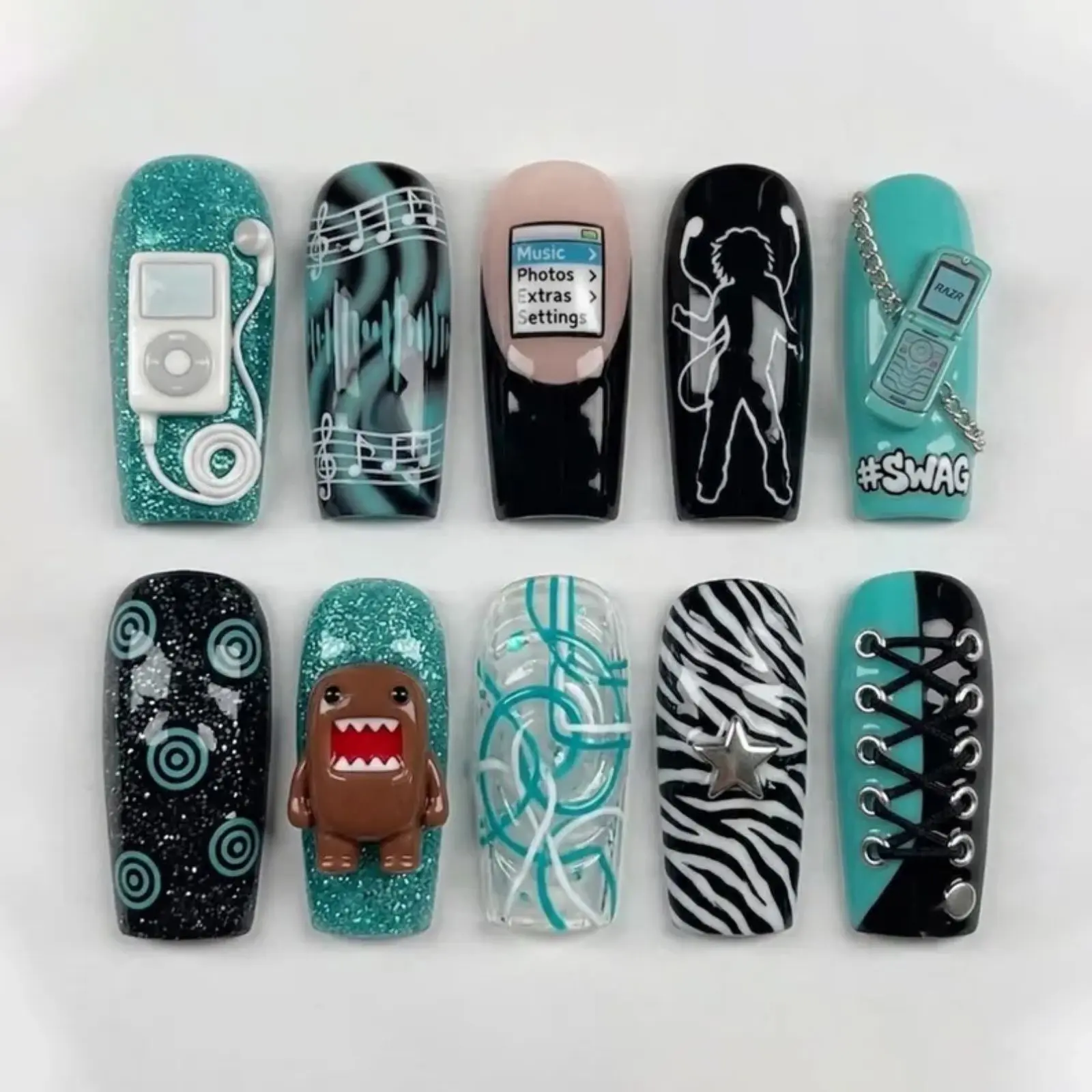 2000s Aesthetic Fake Nails | Y2K Retro Techno Press On Nails | Pop Black Cyber Nail Set | Short Coffin Nails
