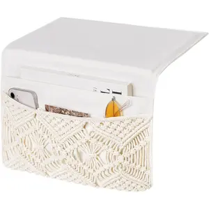 P-SBB034     Macrame Bedside Caddy Storage Organizer Boho Remote Control Tablet Magazine Holder with 4 Pockets Non-slip Countertop Bedside Caddy for Home Bedroom Living Room College Dorm Bed, Ivory Cotton Plastic