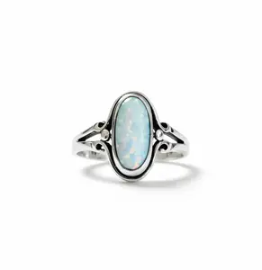 Emma Vera Polished Opal Ring - Sterling Silver Oval White Lab Opal, Unique Dainty Modern Silver Accessory for Women, Opal Rings, Unique Rings
