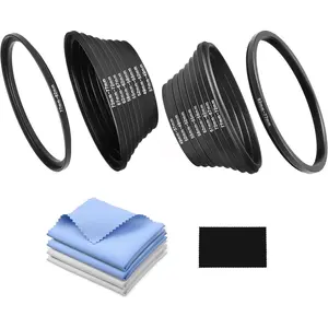 18-Piece Filter Ring Adapter Set - 9X Step-Up Rings and 9X Step-Down Rings for Lens Filters, Lens Hoods, and Lens Converters - Includes 4X Microfiber Cleaning Cloths (7x6 Inches)