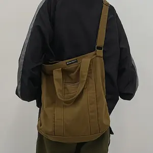 Retro Japanese-Style Canvas Shoulder Bag for Men, Adjustable Strap, Casual Commuter Handbag, Solid Color Black