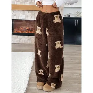 Women's Casual Cartoon Bear Pattern Drawstring Waist Teddy Wool Pants, Fall Winter Long Leggings, Comfortable and Warm（gift） Fabric Womenswear