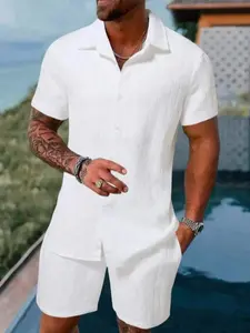 Men's Solid Short Sleeve Pajama Two-piece Set, Regular Fit Casual Comfy Button Up Shirt & Pants PJ Set, Men's Sleepwear Loungewear for Summer