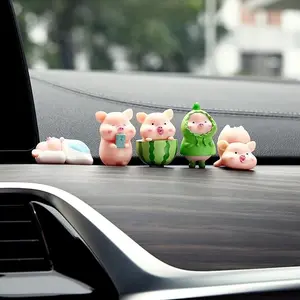 5PCS Mini Pig Resin Figurines Set - Adorable Car Dashboard Decorations with Nano Adhesive, Cute Cake Topper, Office & Bookshelf Decoration 1.2-1.6in (Green)